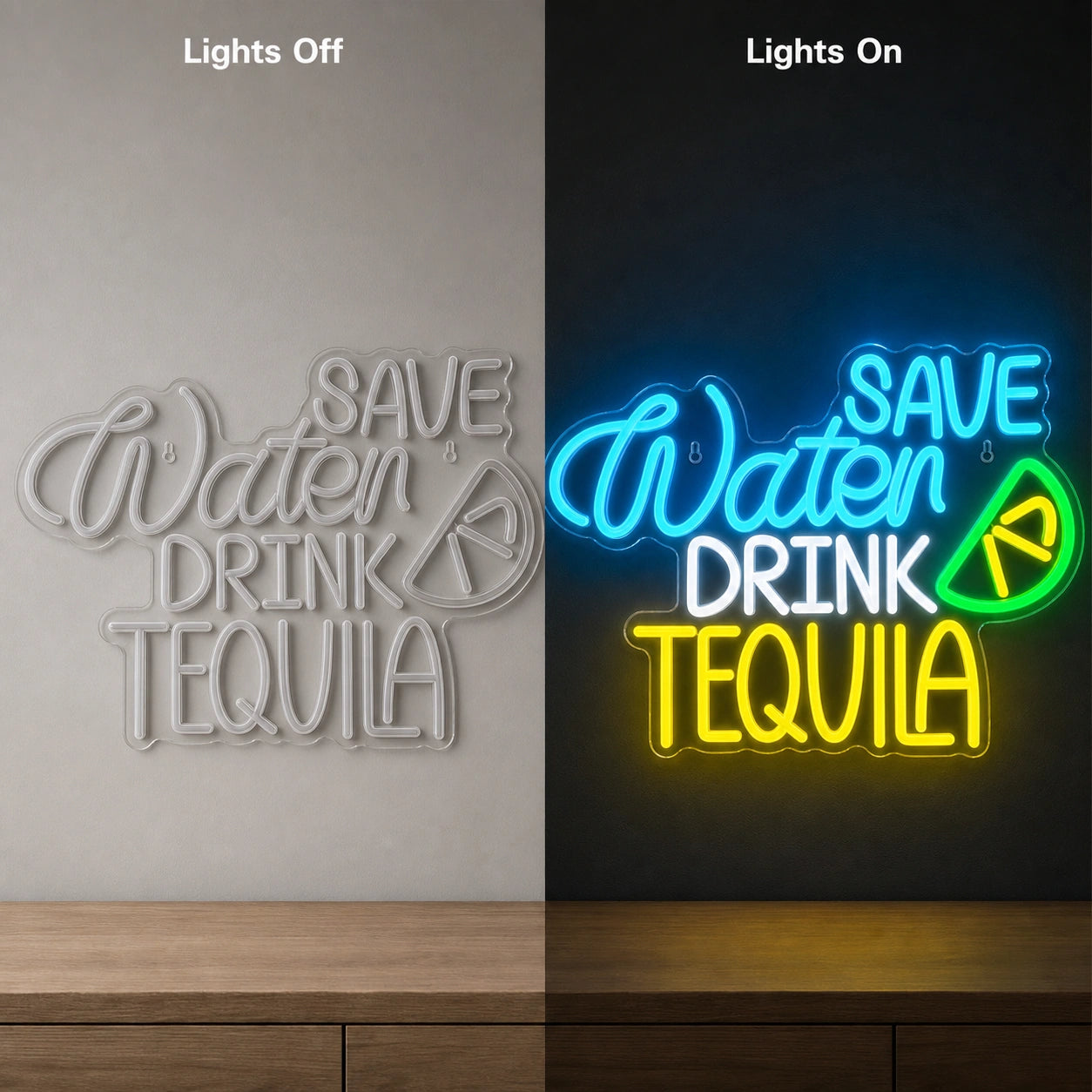 Save Water Drink Tequila LED Neon Sign Garage Man Cave Neon Sign day and night comparison