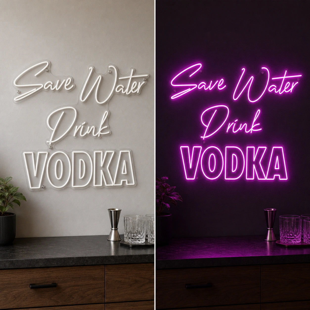 Save Water Drink Vodka LED Neon Sign Garage Man Cave Neon Sign day and night comparison