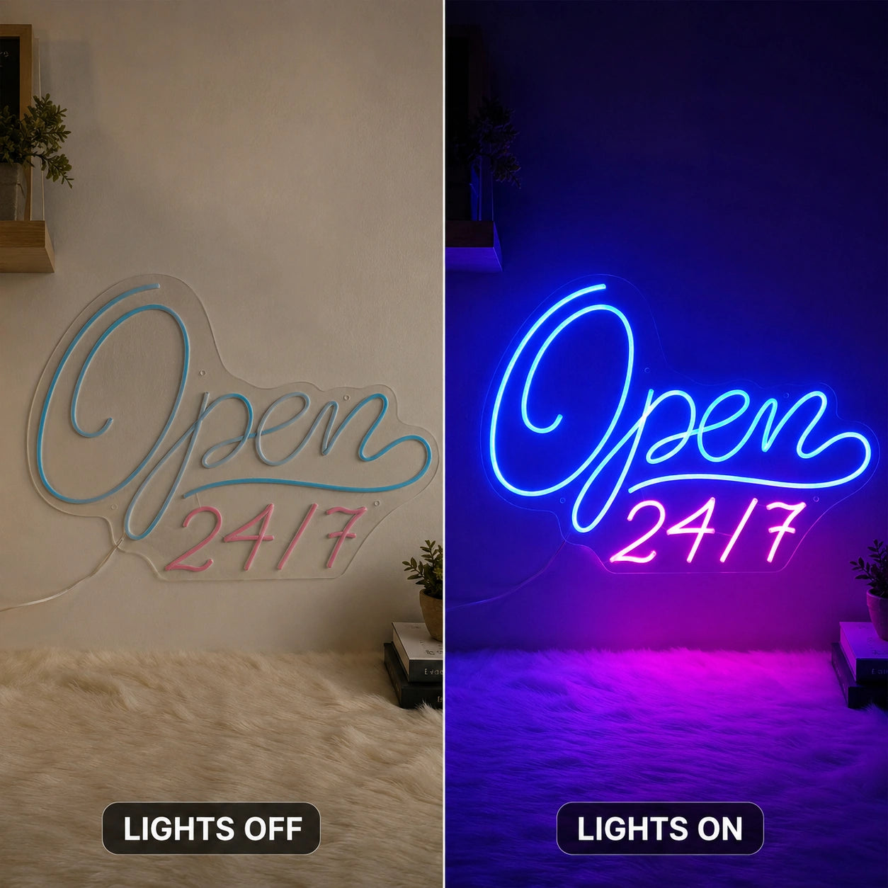 Script Open 24 Seven Neon Sign LED Neon Sign day and night comparison