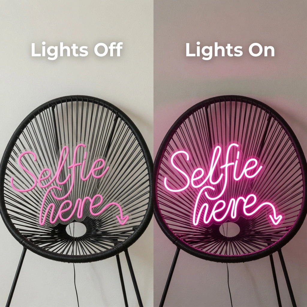 Selfie Here LED Neon Sign Wall Decor - 06 Day Night Comparison