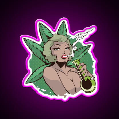 Sexy Pin Up Woman Bong Hemp Inspired Green Leaf Led Neon Sign Rgb Color - Neon sign mounted on wall in room
