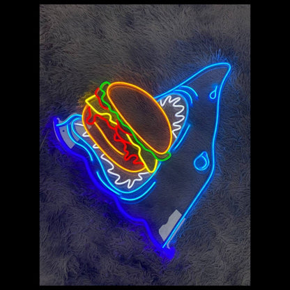 Shark Eat Hamburger Led Neon Sign Funny Shark Neon Light - Shineneon