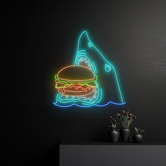 Shark Eating Burger Neon Sign Food Shop Restaurant Room Wall Decor