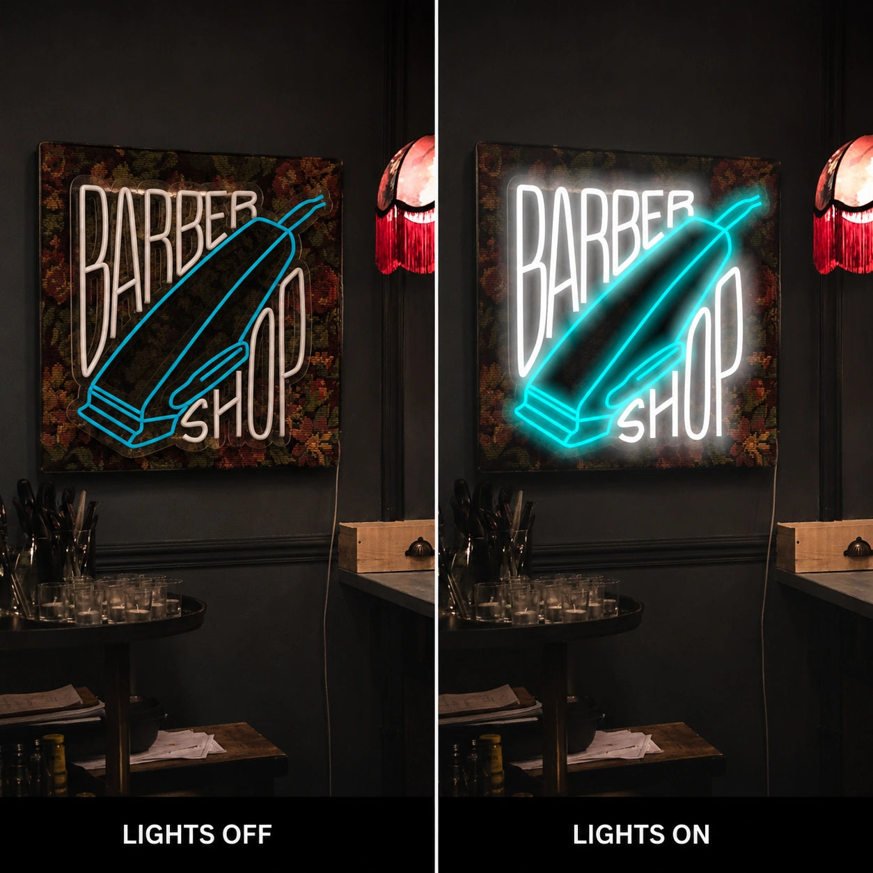 Sharp Barber Arrow Neon Sign LED Neon Sign day and night comparison