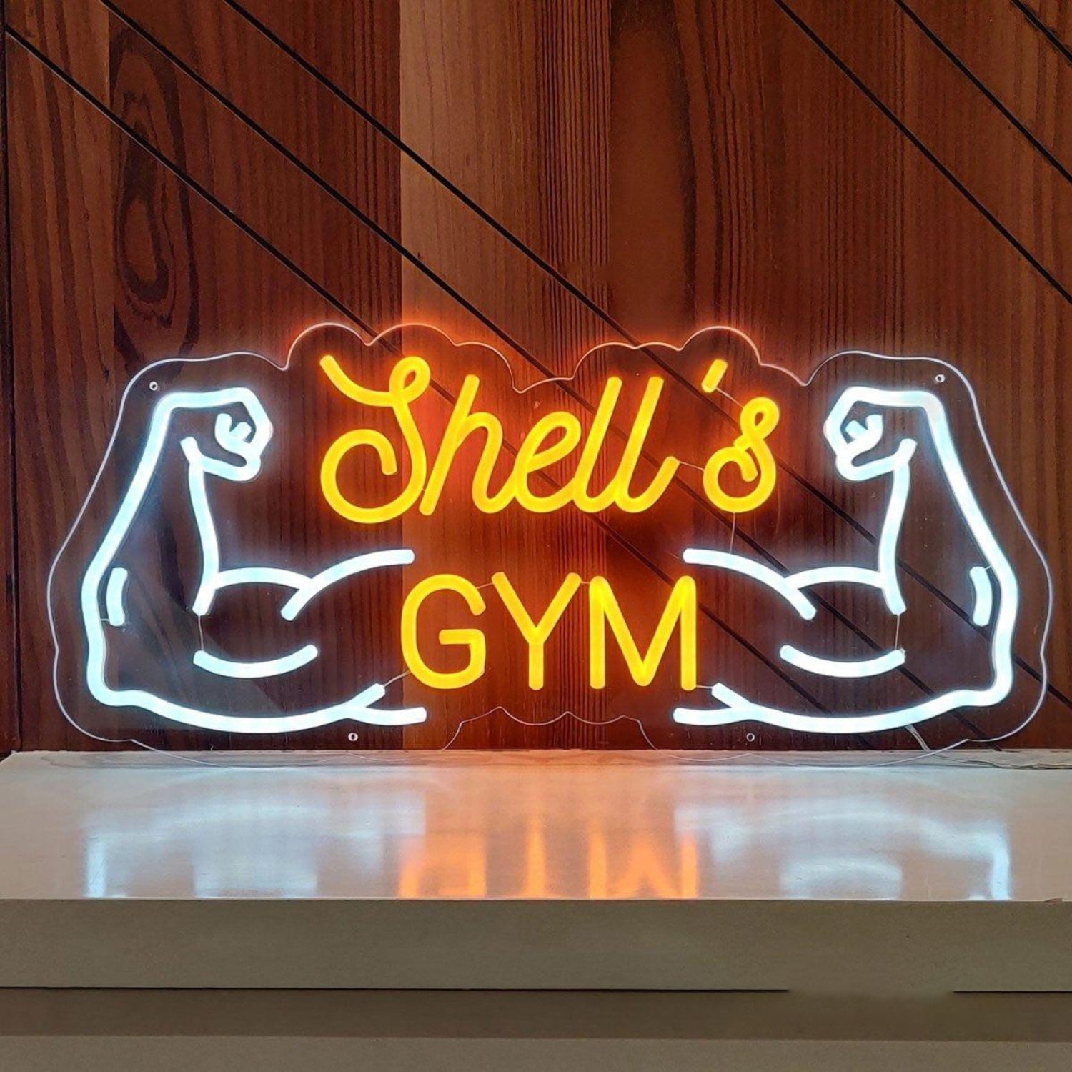 Shells Gym Yellow-White Muscle Arms Led Neon Sign For Gym Wall Decor ...