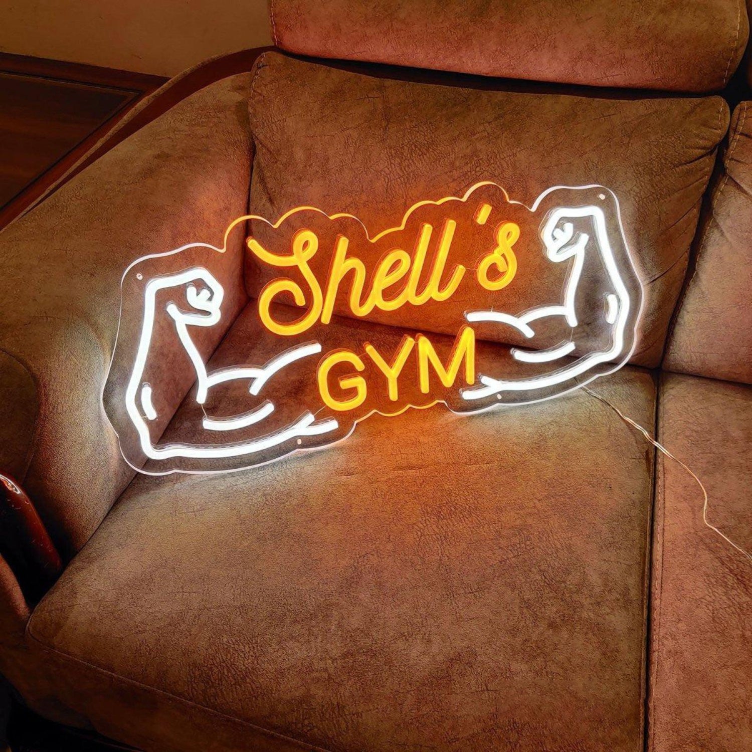 Shells Gym Yellow-White Muscle Arms Led Neon Sign For Gym Wall Decor | Shineneon