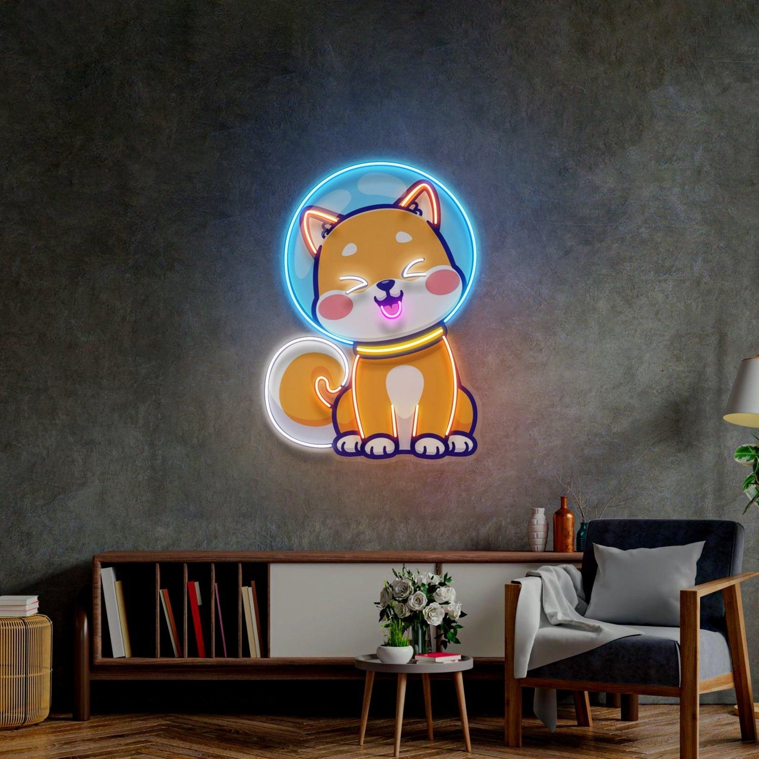 Shiba Astronaut Cartoon Dog Uv Printed Led Neon Sign For Living Room Wall Decor | Shineneon