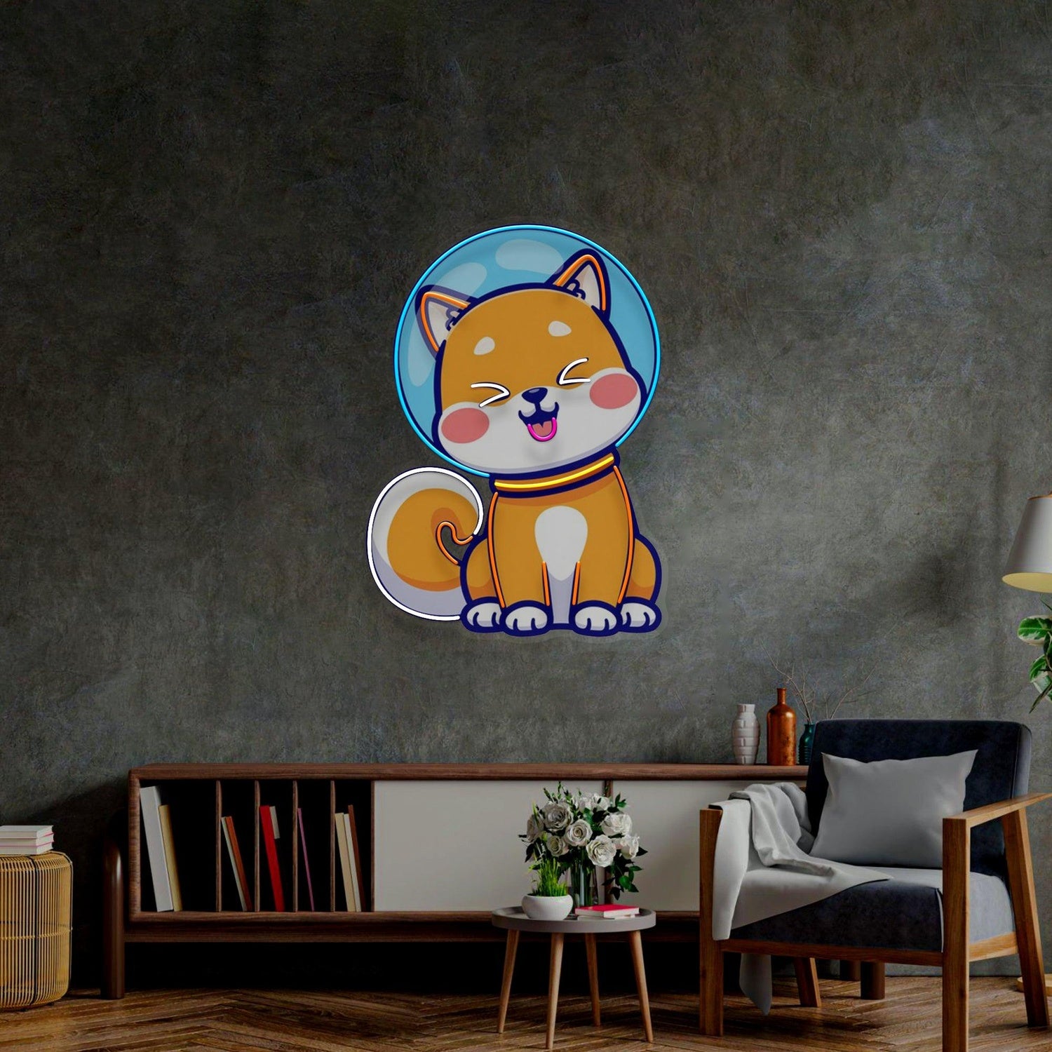 Shiba Astronaut Cartoon Dog Uv Printed Led Neon Sign For Living Room Wall Decor | Shineneon