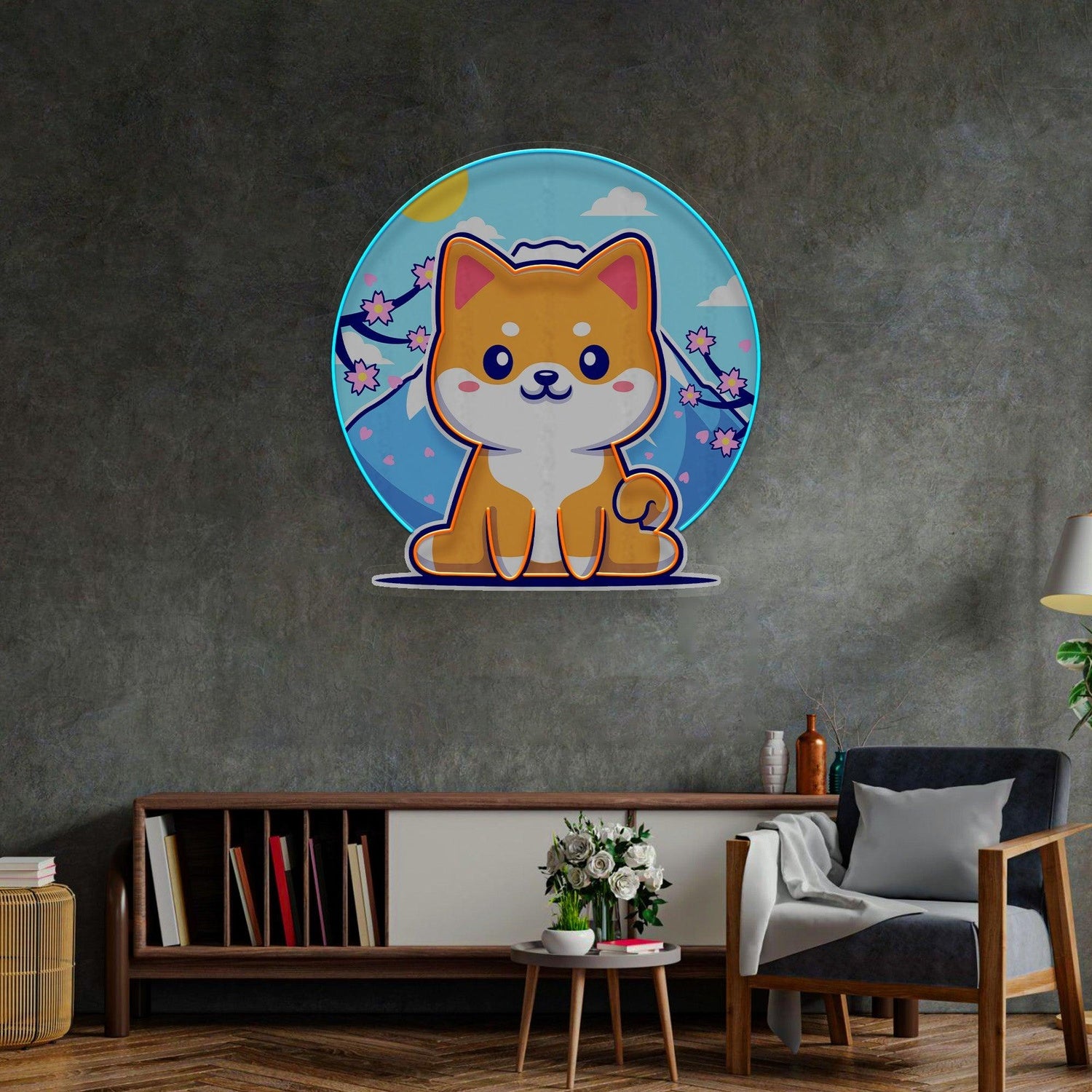 Shiba Dog Sakura Sun Multi-Color Uv Printed Led Neon Sign For Home Decor Pet Cafe | Shineneon