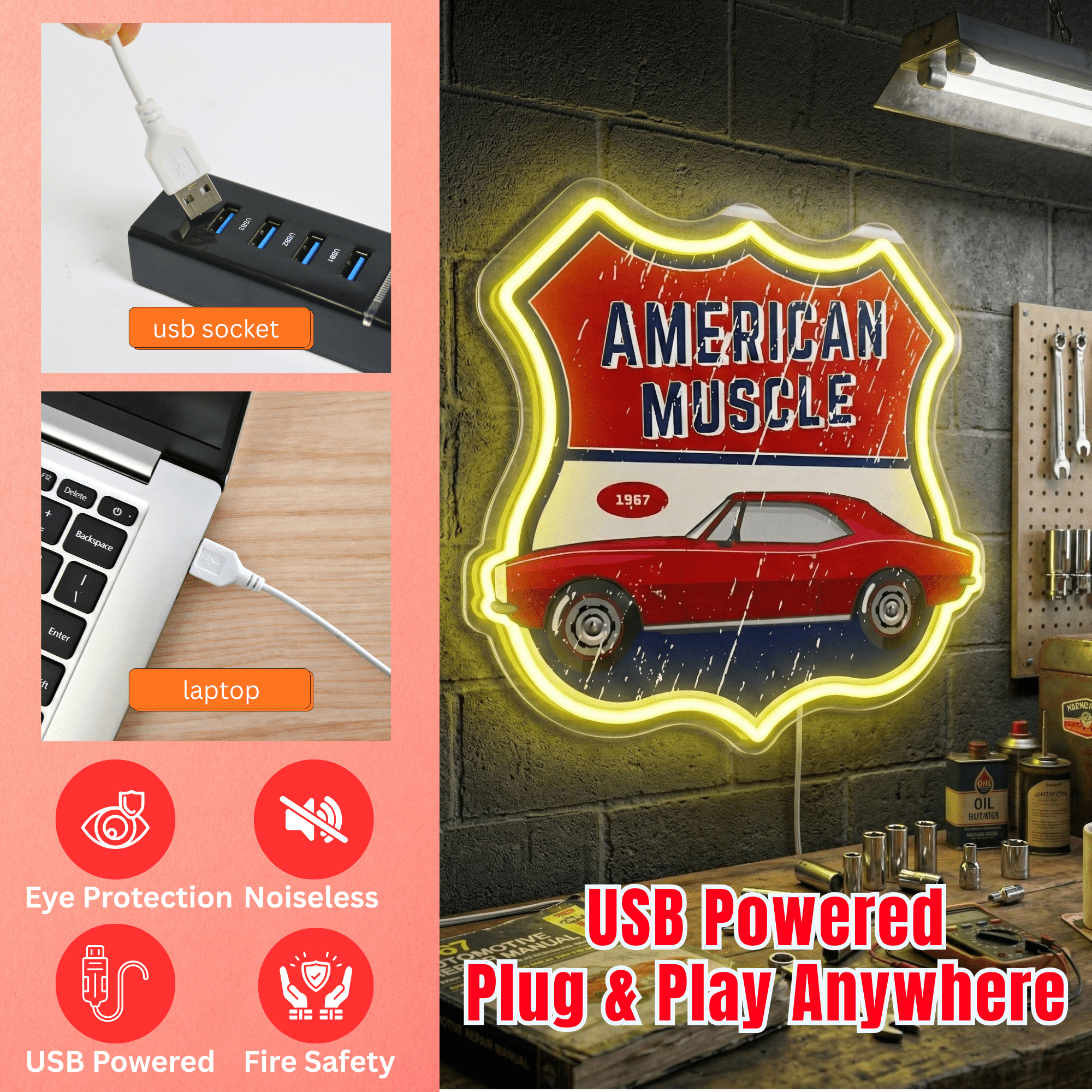 ShineNeon™ 1967 American Muscle Car LED Neon Sign - Retro Garage Wall Art USB Powered - Shineneon