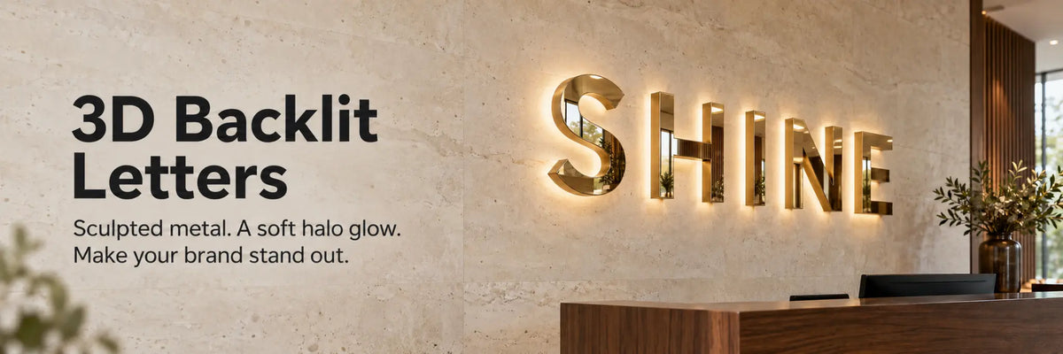 3D backlit SHINE metal letters with warm halo illumination on a stone reception wall.