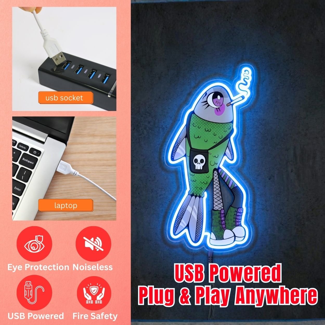 ShineNeon™ Alt Emo Fish Neon Sign Grunge Aesthetic Punk Wall Decor USB Powered Neon Sign - Shineneon