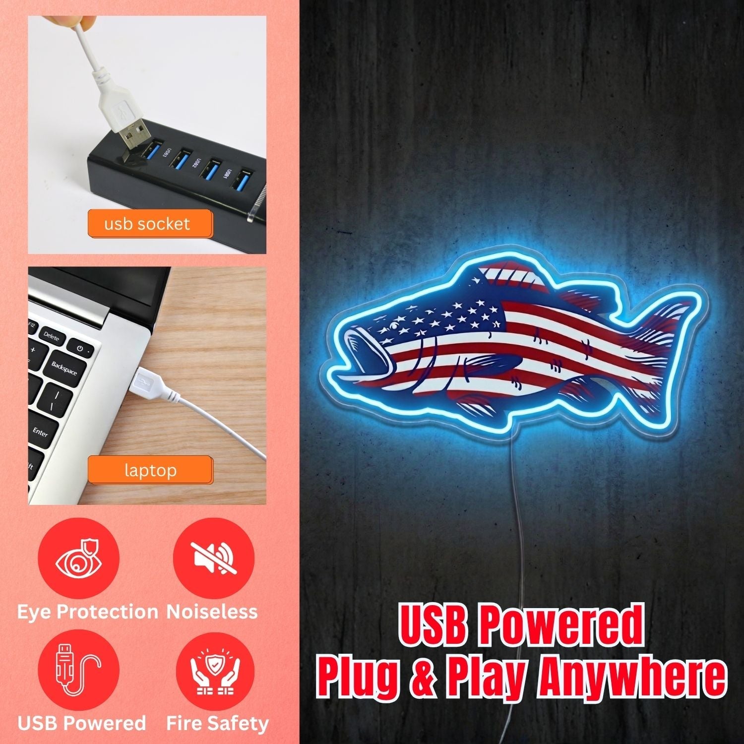 ShineNeon™ American Fish Flag neon sign USB Power - Shineneon