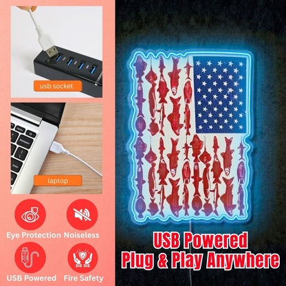 ShineNeon™ American Flag Fish Species Neon Sign Patriotic Angler Wall Art USB Powered - Shineneon