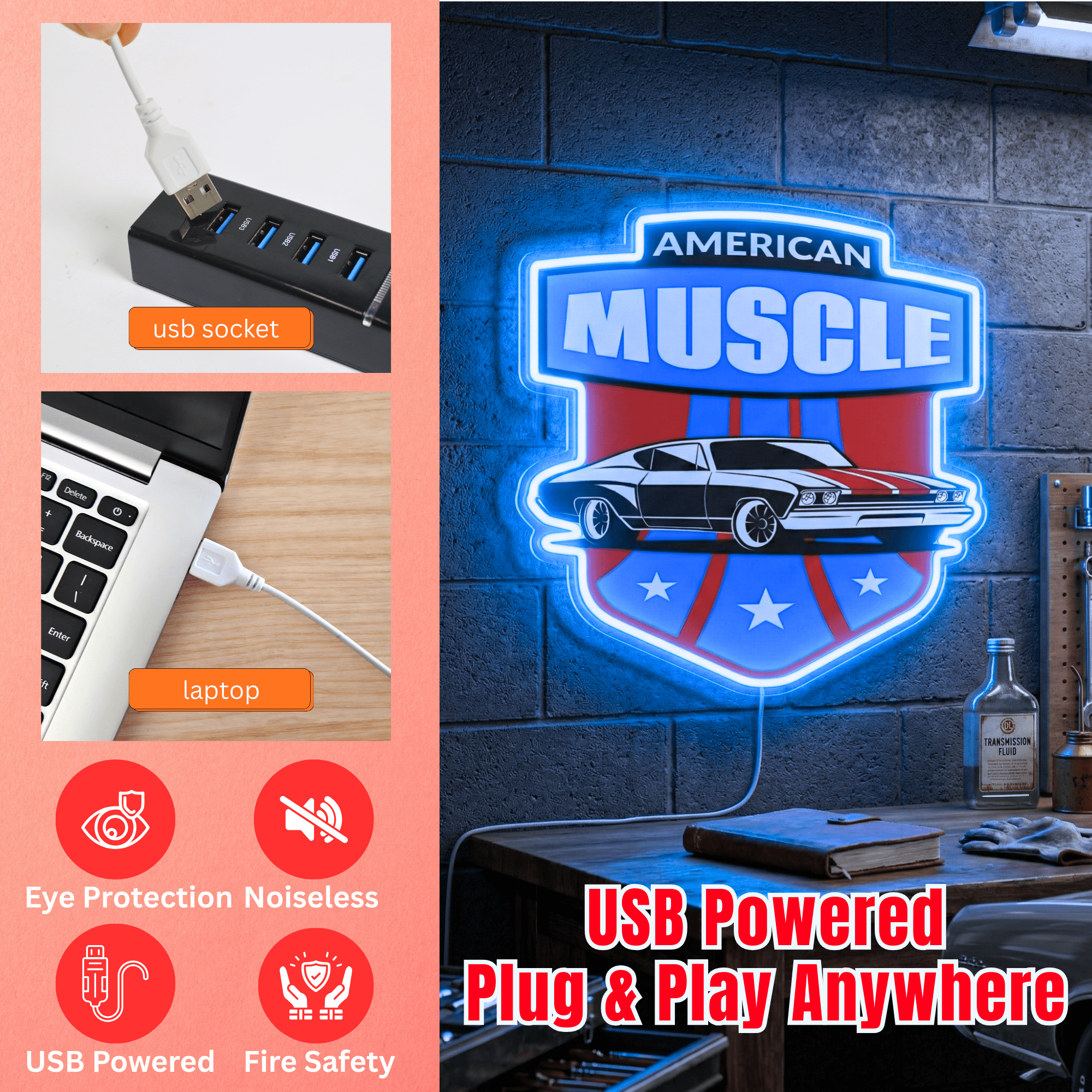 ShineNeon™ American Muscle Car LED Neon Sign Garage Wall Art USB Power - Shineneon