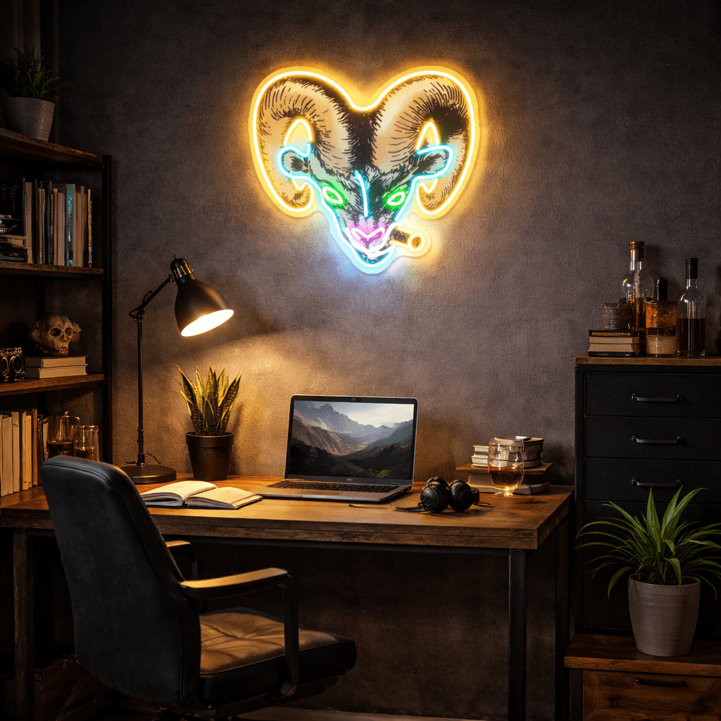 ShineNeon™ Badass Ram with Cigar LED Neon Sign - Gritty Neon Wall Art for Man Cave & Home Bar - Shineneon