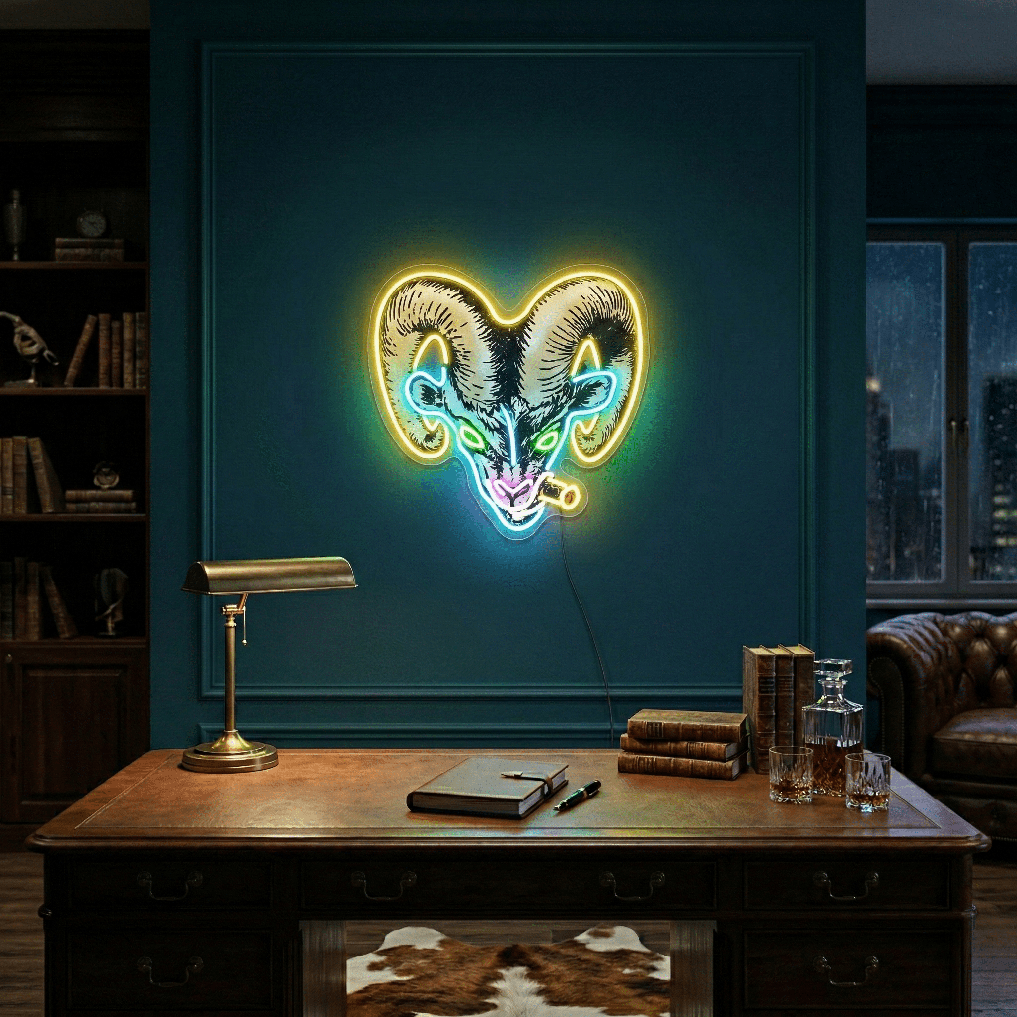 ShineNeon™ Badass Ram with Cigar LED Neon Sign - Gritty Neon Wall Art for Man Cave & Home Bar - Shineneon