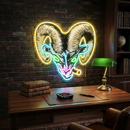 ShineNeon™ Badass Ram with Cigar LED Neon Sign - Gritty Neon Wall Art for Man Cave & Home Bar - Shineneon