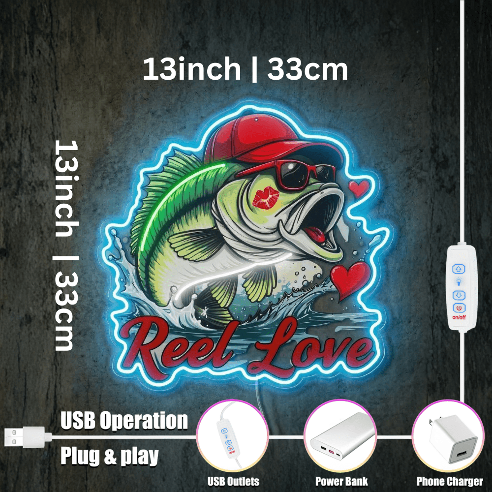 ShineNeon™ Bass Fishing Reel Love Neon Sign with Hearts Man Cave Wall Art USB Powered - Shineneon