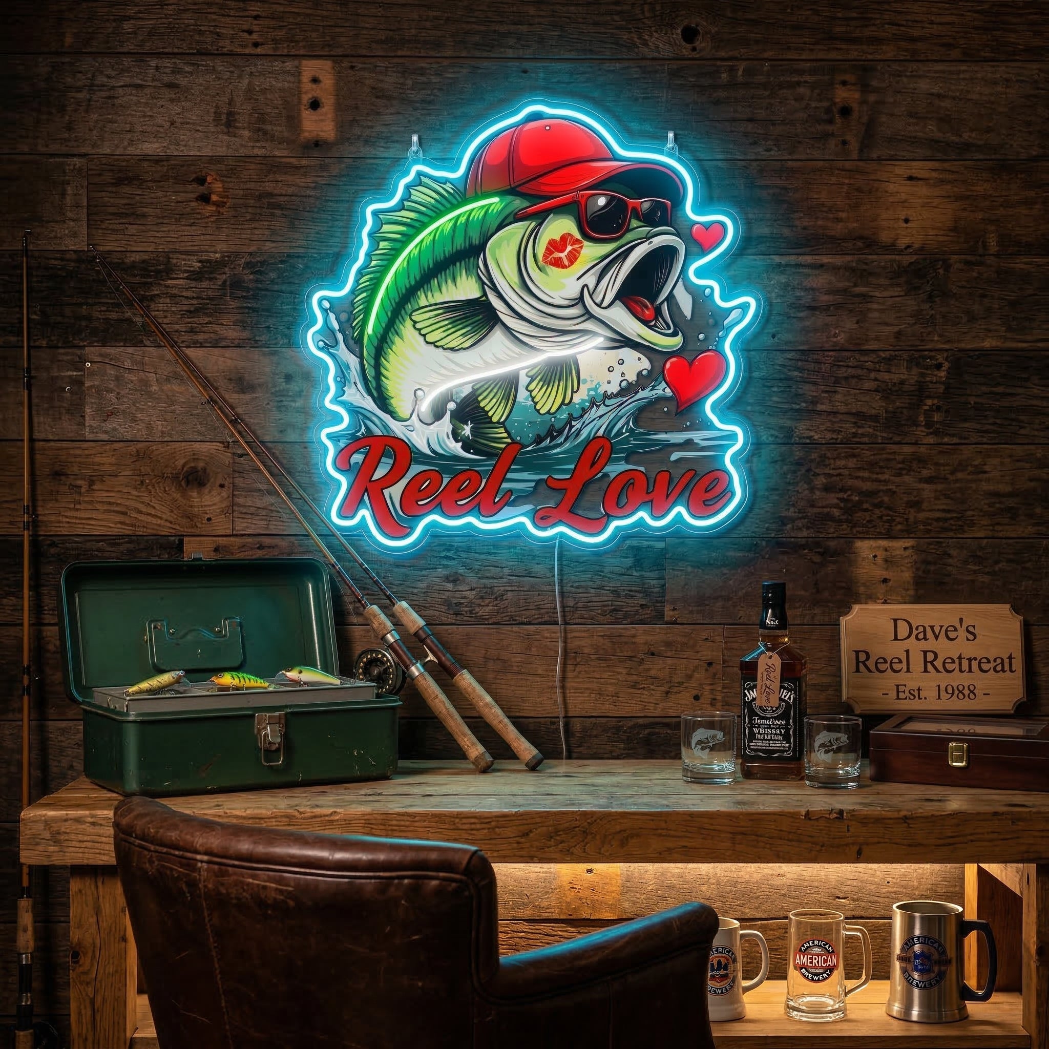 ShineNeon™ Bass Fishing Reel Love Neon Sign with Hearts Man Cave Wall Art USB Powered - Shineneon