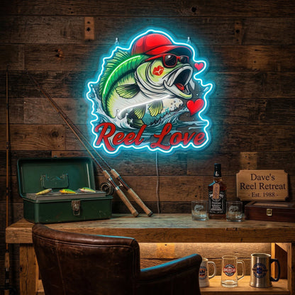 ShineNeon™ Bass Fishing Reel Love Neon Sign with Hearts Man Cave Wall Art USB Powered - Shineneon