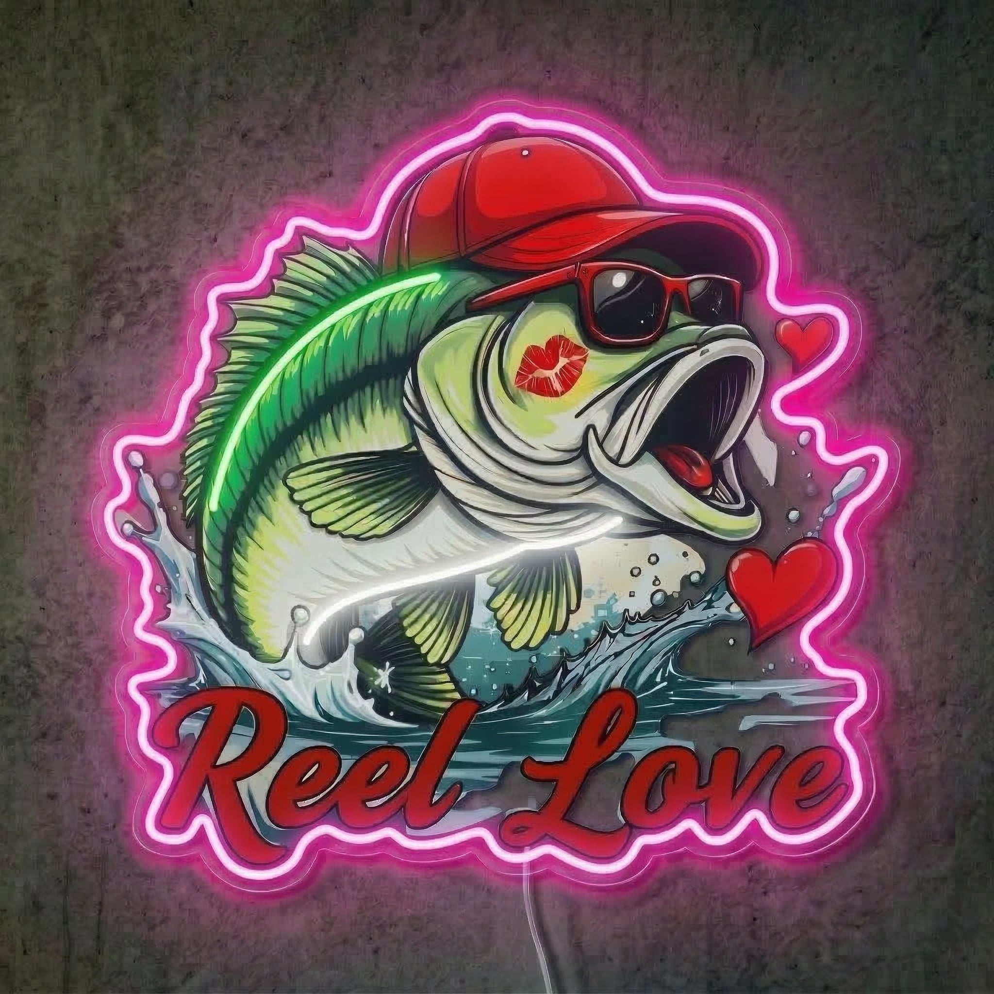 ShineNeon™ Bass Fishing Reel Love Neon Sign with Hearts Man Cave Wall Art USB Powered - Shineneon