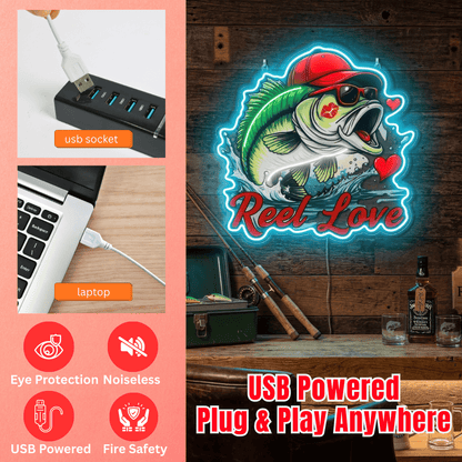 ShineNeon™ Bass Fishing Reel Love Neon Sign with Hearts Man Cave Wall Art USB Powered - Shineneon