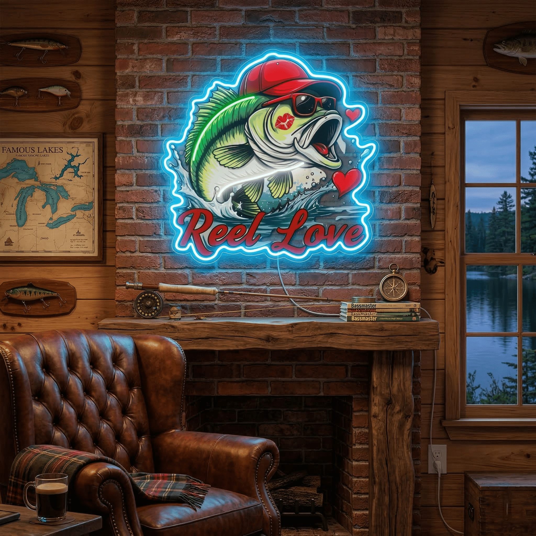 ShineNeon™ Bass Fishing Reel Love Neon Sign with Hearts Man Cave Wall Art USB Powered - Shineneon