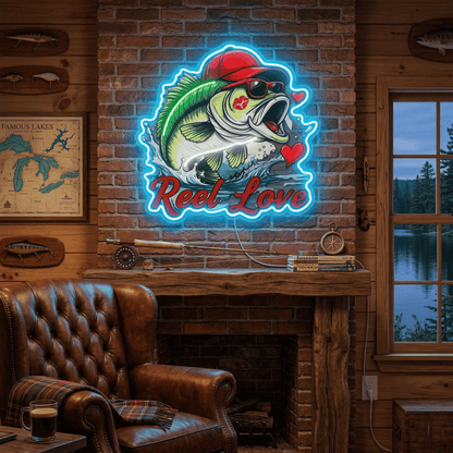 ShineNeon™ Bass Fishing Reel Love Neon Sign with Hearts Man Cave Wall Art USB Powered - Shineneon