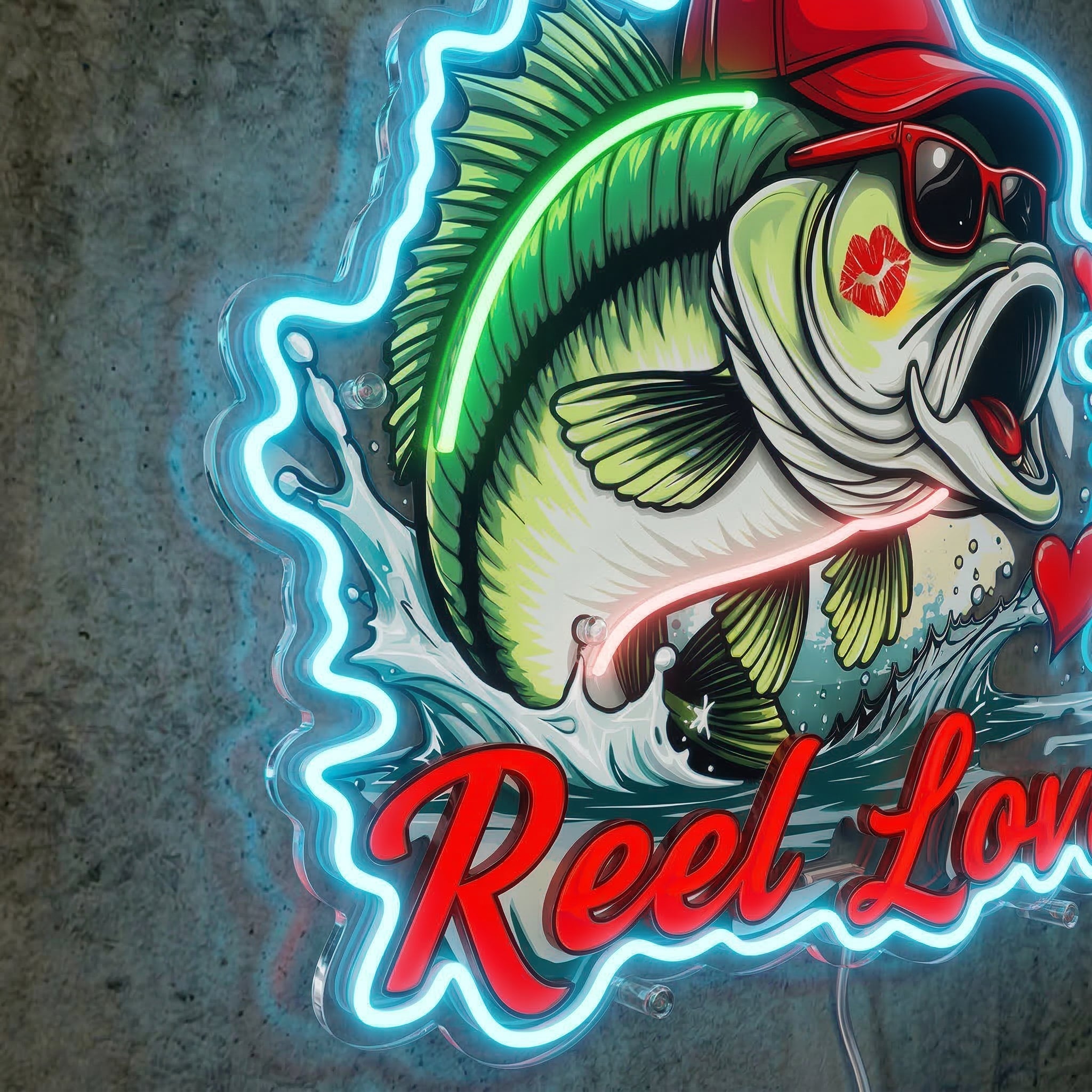 ShineNeon™ Bass Fishing Reel Love Neon Sign with Hearts Man Cave Wall Art USB Powered - Shineneon
