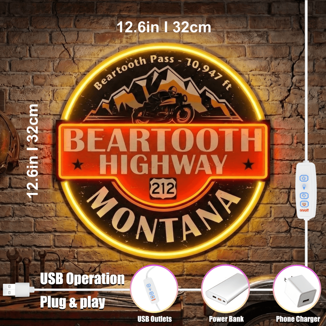 ShineNeon™ Beartooth Highway 212 Motorcycle Neon Sign - Retro Montana Garage & Man Cave Decor - Shineneon