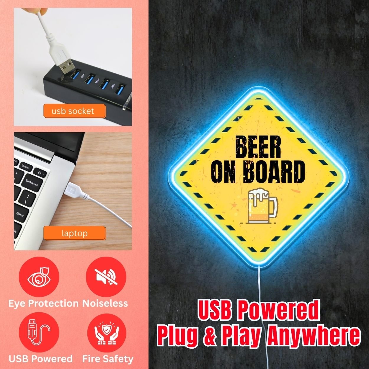 ShineNeon™ Beer On Board Caution Neon Sign Funny Garage Bar Wall Decor USB Power Neon Sign - Shineneon