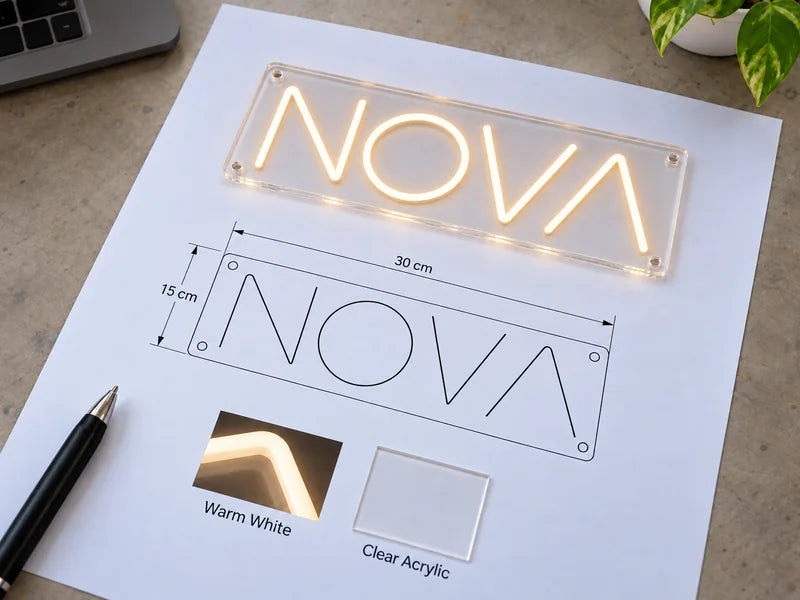 NOVA design approval with dimensions and lighting preview.