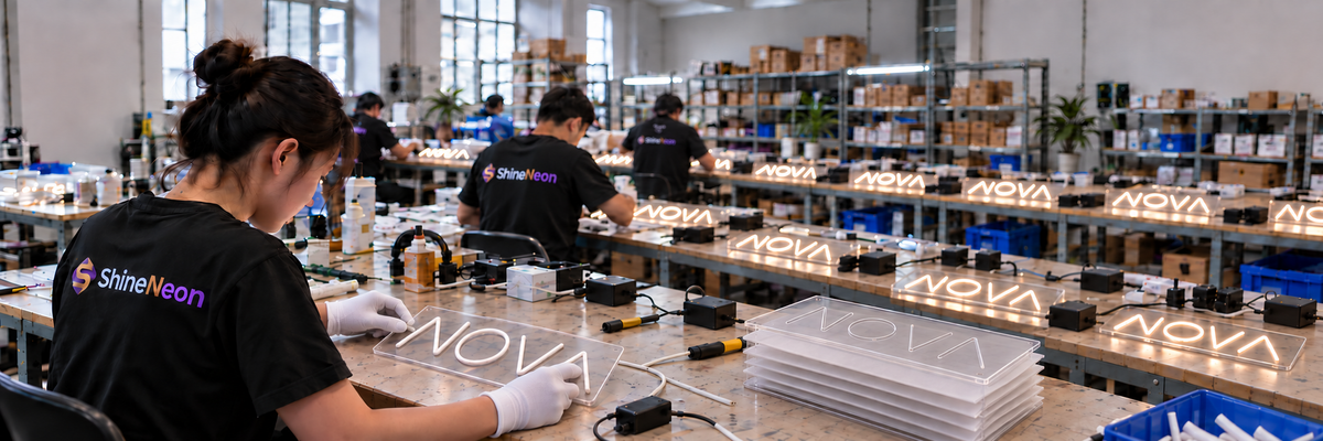 ShineNeon team assembling a batch of matching NOVA neon signs.