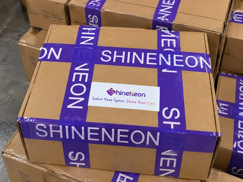Bulk order cartons sealed with purple ShineNeon tape.