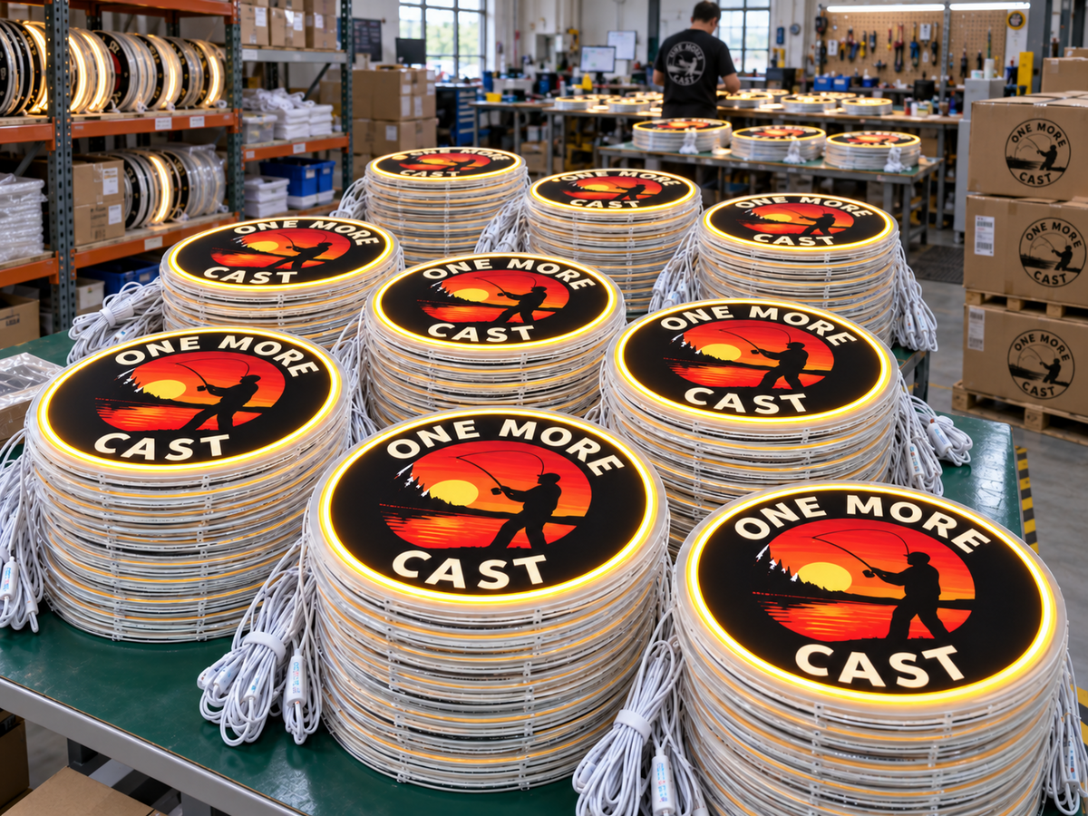 Stacks of matching One More Cast neon signs in a workshop, with a team member preparing a bulk order.