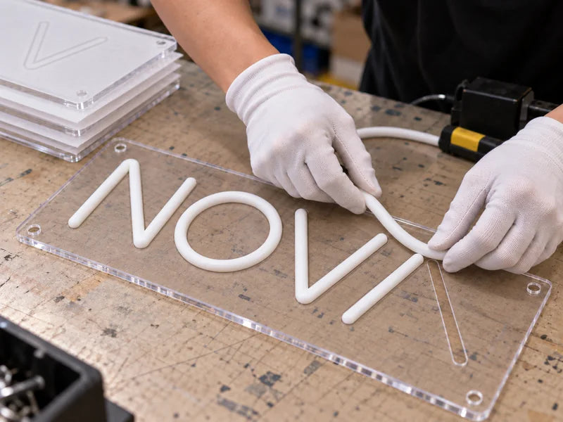 Hand fitting a single LED neon tube to a NOVA sign.