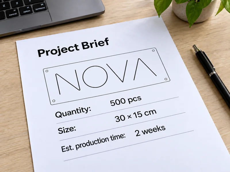 NOVA project brief with quantity, size and estimated production time.
