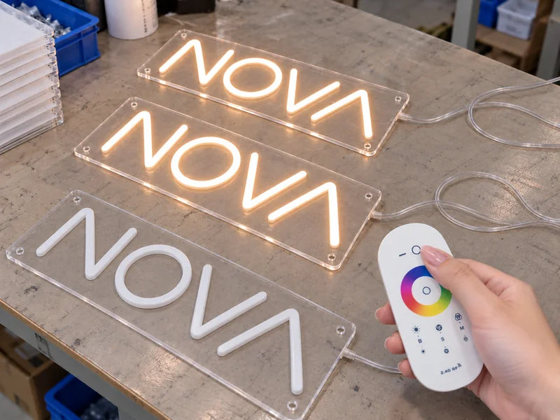 NOVA neon signs undergoing lighting and remote checks.