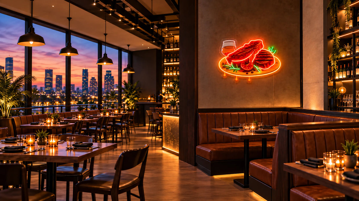 Taco Nights LED neon wall decoration in a restaurant with leather booth seating and wooden tables.