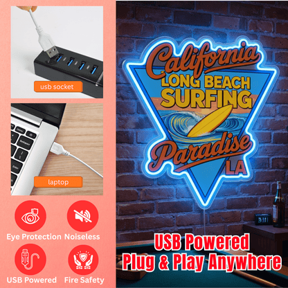 ShineNeon™ California Long Beach Surfing Paradise LED Neon Sign - LA Retro Wall Decor USB Power - Shineneon