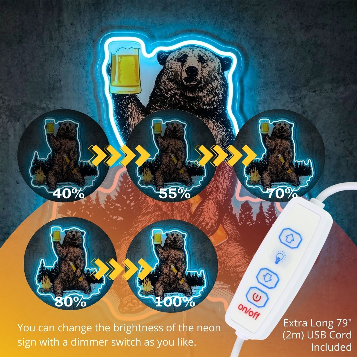 ShineNeon™ Campfire Grizzly Bear Neon Sign Rustic Cabin Bar Decor USB Powered Neon Sign - Shineneon