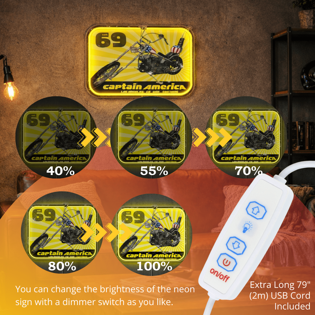 ShineNeon™ Captain America Chopper LED Neon Sign - Vintage 69 Biker Wall Art - Shineneon