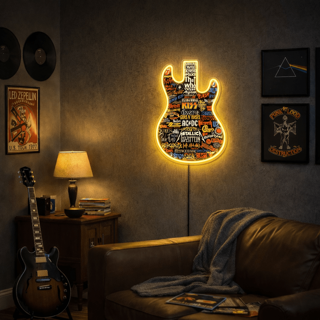 ShineNeon™ Classic Rock Guitar LED Neon Sign - Multi - Band Logo Art for Music Room & Garage - Shineneon