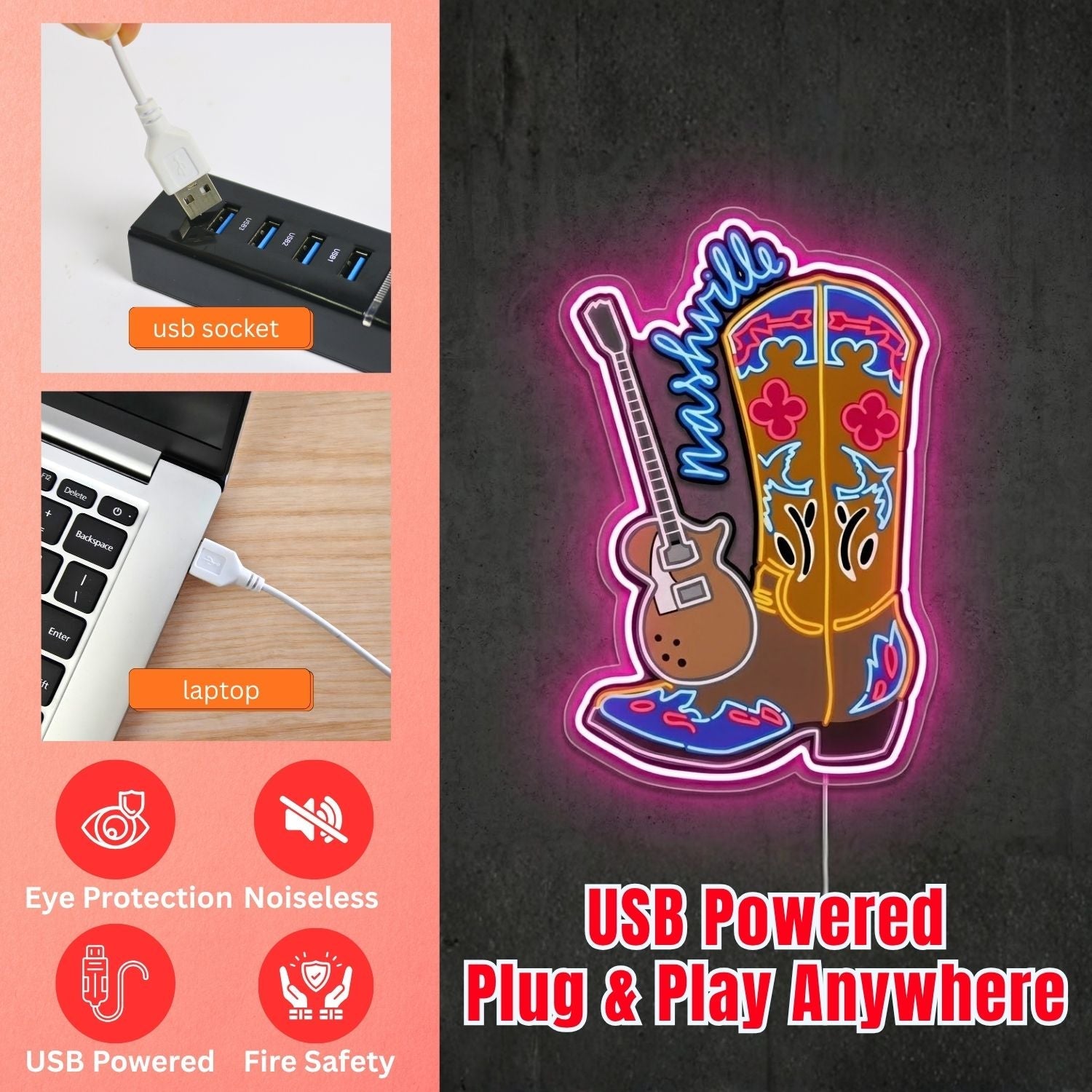 ShineNeon™ Cowboy Boot Guitar neon sign USB Power - Shineneon