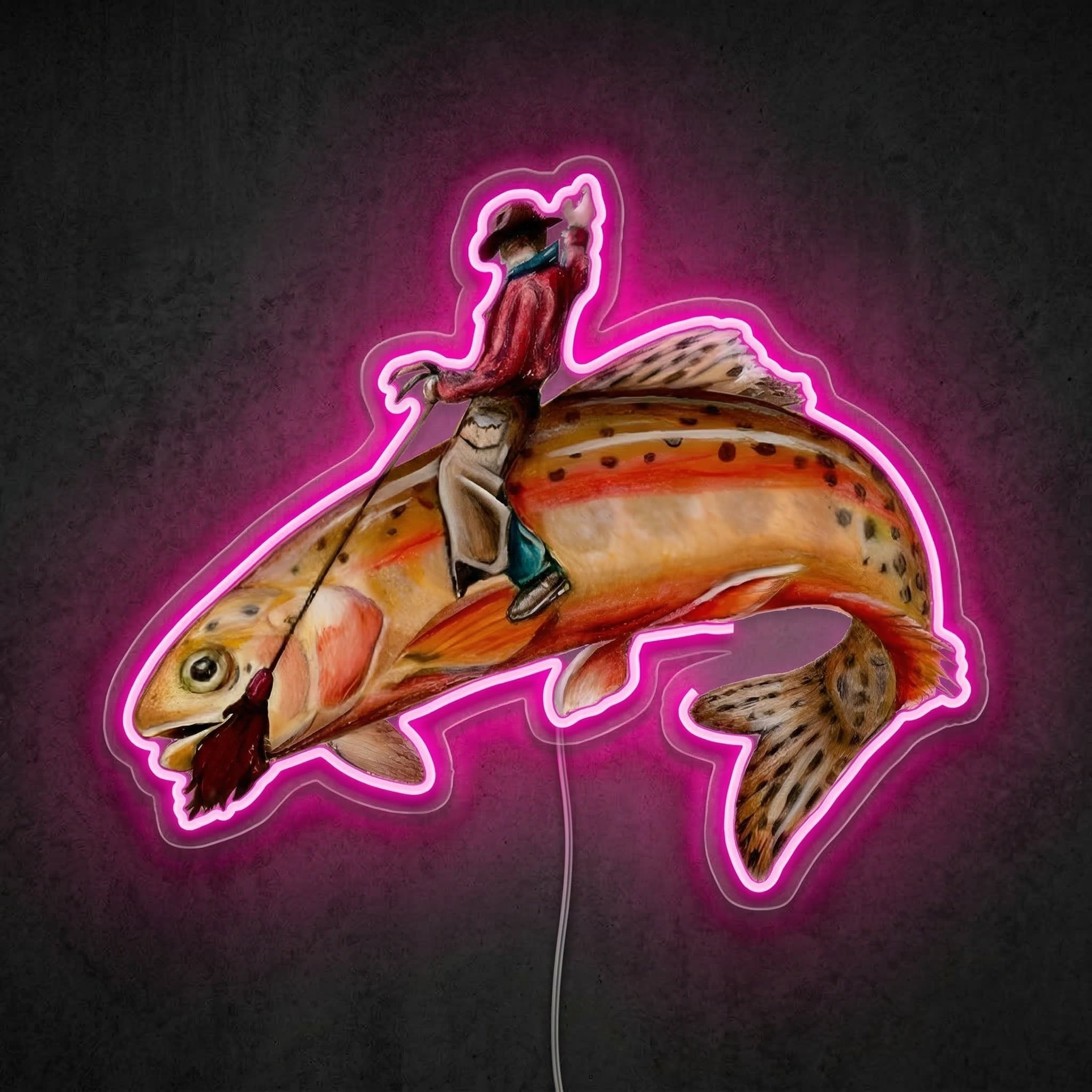 ShineNeon™ Cowboy Riding Trout Neon Sign Western Rodeo Fishing Art Decor USB Powered - Shineneon