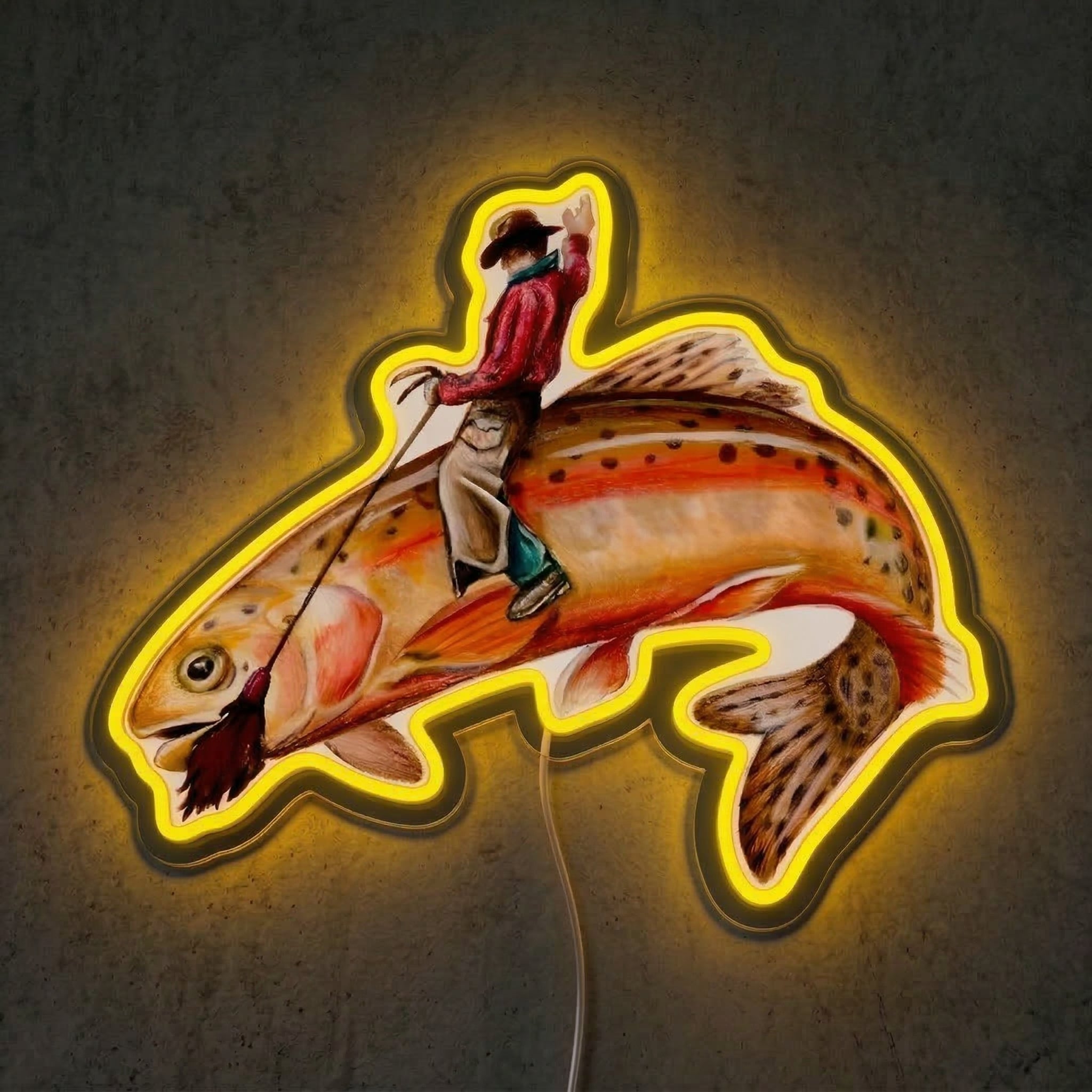 ShineNeon™ Cowboy Riding Trout Neon Sign Western Rodeo Fishing Art Decor USB Powered - Shineneon
