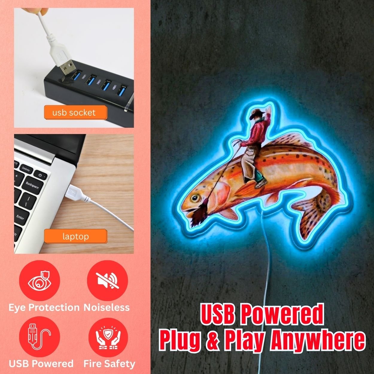 ShineNeon™ Cowboy Riding Trout Neon Sign Western Rodeo Fishing Art Decor USB Powered - Shineneon