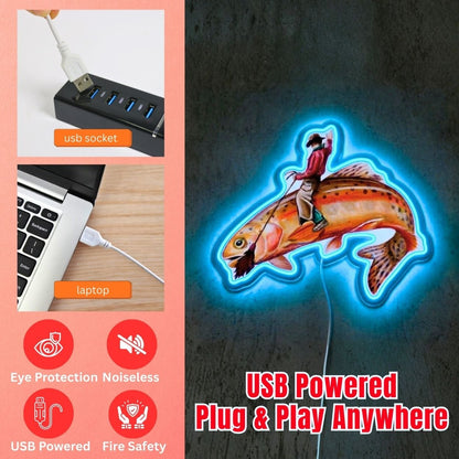 ShineNeon™ Cowboy Riding Trout Neon Sign Western Rodeo Fishing Art Decor USB Powered - Shineneon