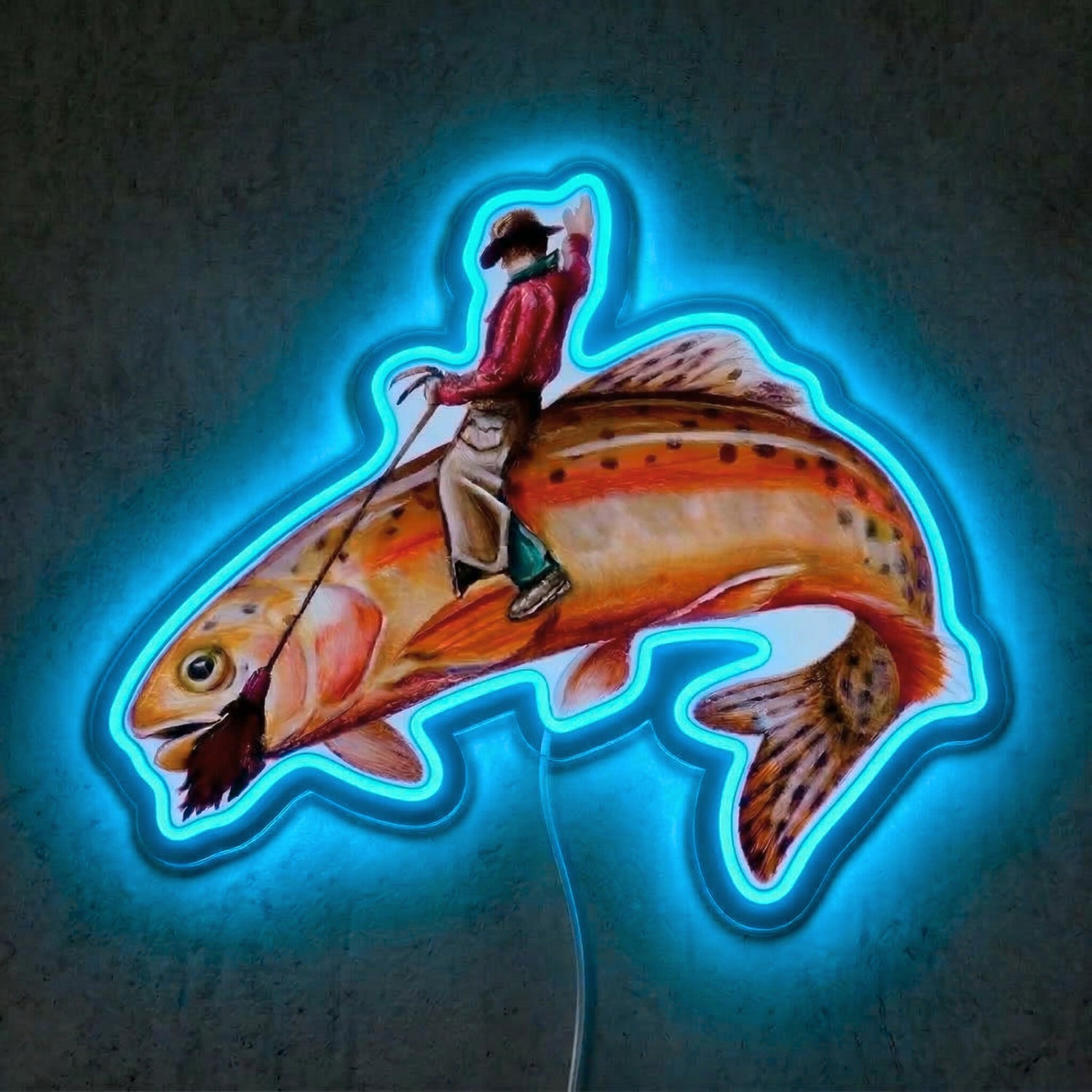 ShineNeon™ Cowboy Riding Trout Neon Sign Western Rodeo Fishing Art Decor USB Powered - Shineneon